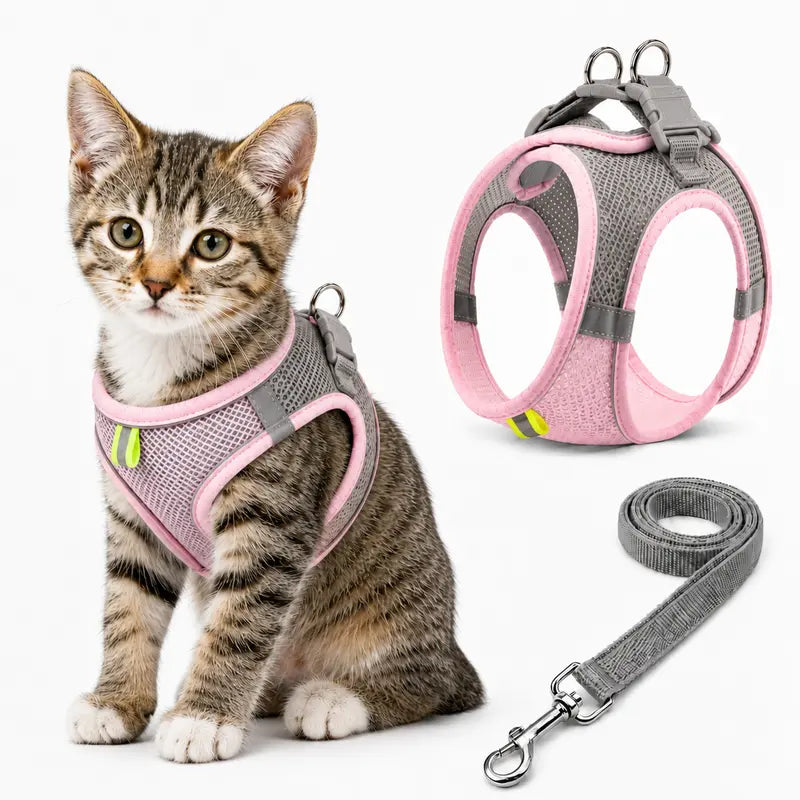 Breathable Mesh Dog Cat Harness and Leash Set - No Pull Escape Proof Pet Vest with Reflective Strip for Small Medium Dogs Cats - Adjustable Soft Padded Harness for Walking Training