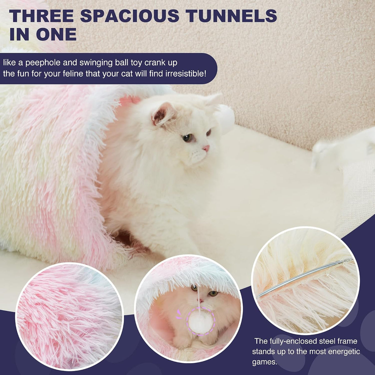 Plush Pet Cat Tunnel Tube Cat Toys 3 Way Collapsible, Tunnels for Indoor Cats，Kitty Tunnel Bored Pet Toys Peek Hole Ball Puppy, Kitty, Kitten, Rabbit Rainbow