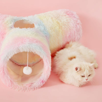 Plush Pet Cat Tunnel Tube Cat Toys 3 Way Collapsible, Tunnels for Indoor Cats，Kitty Tunnel Bored Pet Toys Peek Hole Ball Puppy, Kitty, Kitten, Rabbit Rainbow