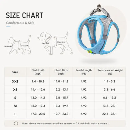 Breathable Mesh Dog Cat Harness and Leash Set - No Pull Escape Proof Pet Vest with Reflective Strip for Small Medium Dogs Cats - Adjustable Soft Padded Harness for Walking Training