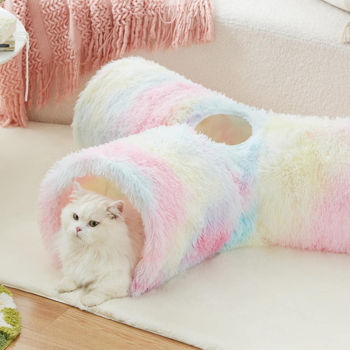 Plush Pet Cat Tunnel Tube Cat Toys 3 Way Collapsible, Tunnels for Indoor Cats，Kitty Tunnel Bored Pet Toys Peek Hole Ball Puppy, Kitty, Kitten, Rabbit Rainbow