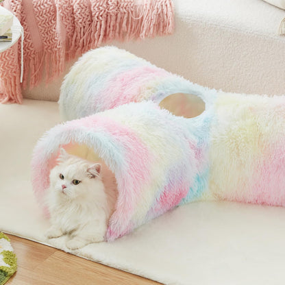 Plush Pet Cat Tunnel Tube Cat Toys 3 Way Collapsible, Tunnels for Indoor Cats，Kitty Tunnel Bored Pet Toys Peek Hole Ball Puppy, Kitty, Kitten, Rabbit Rainbow