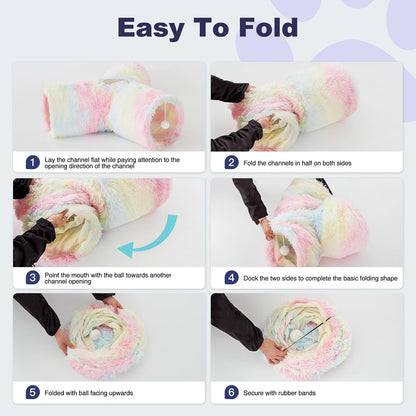 Plush Pet Cat Tunnel Tube Cat Toys 3 Way Collapsible, Tunnels for Indoor Cats，Kitty Tunnel Bored Pet Toys Peek Hole Ball Puppy, Kitty, Kitten, Rabbit Rainbow