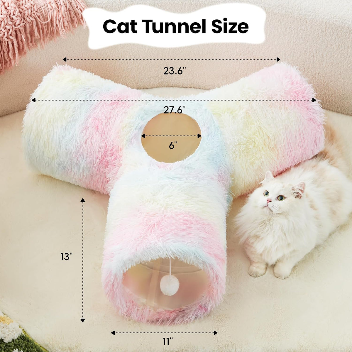 Plush Pet Cat Tunnel Tube Cat Toys 3 Way Collapsible, Tunnels for Indoor Cats，Kitty Tunnel Bored Pet Toys Peek Hole Ball Puppy, Kitty, Kitten, Rabbit Rainbow