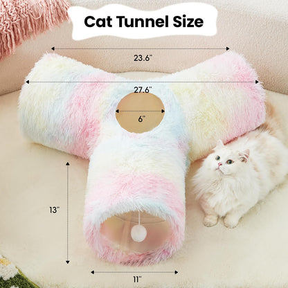 Plush Pet Cat Tunnel Tube Cat Toys 3 Way Collapsible, Tunnels for Indoor Cats，Kitty Tunnel Bored Pet Toys Peek Hole Ball Puppy, Kitty, Kitten, Rabbit Rainbow