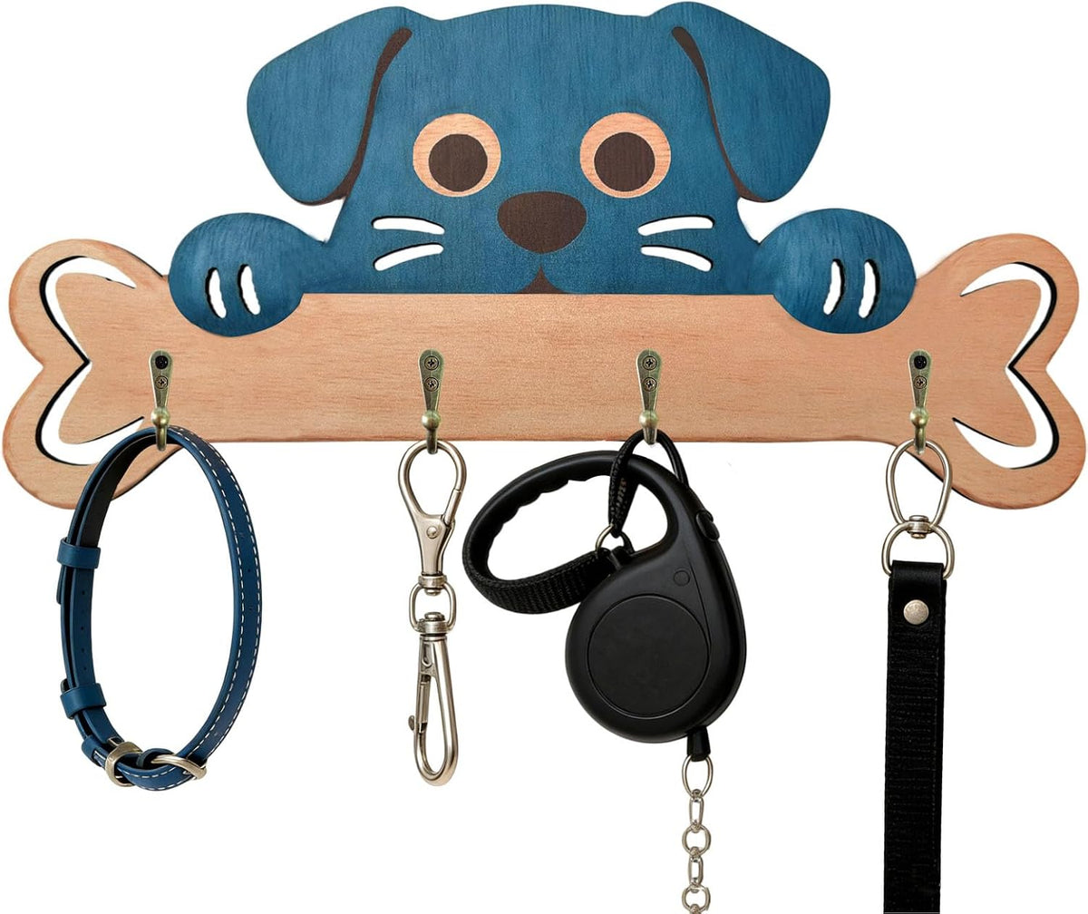 13.8" Wooden Dog Leash Holder Wall Decor, Dog Bone Design Key Holder Wall Mount with 4 Rustic Hooks for Home Decor, Leashes, Keys, Collars, Hallway, Pet Lover Gift