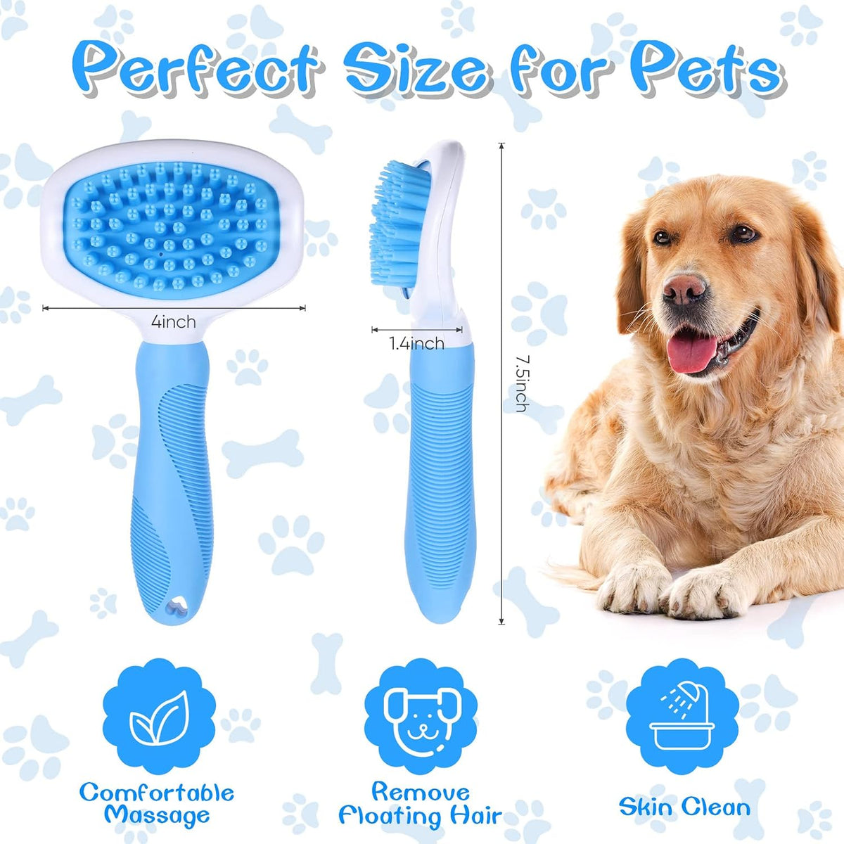 Silicone Dog Bath Brush with Non Slip Handle, Blue, 7.5 Inch