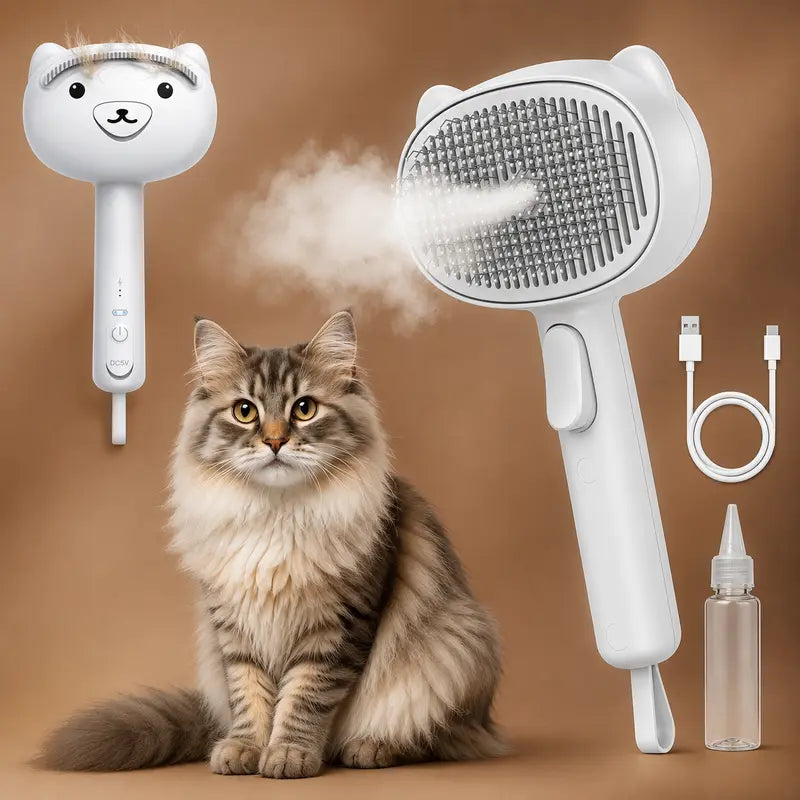4-In-1 Rechargeable Pet Steam Brush for Cats & Dogs, Self-Cleaning Deshedding Grooming Brush with 2-Speed Mist Spray, Skin-Safe Stainless Steel Pins, Detangling Massage Comb & Silicone Hair Remover for Long & Short Hair, Shedding Season Poodle