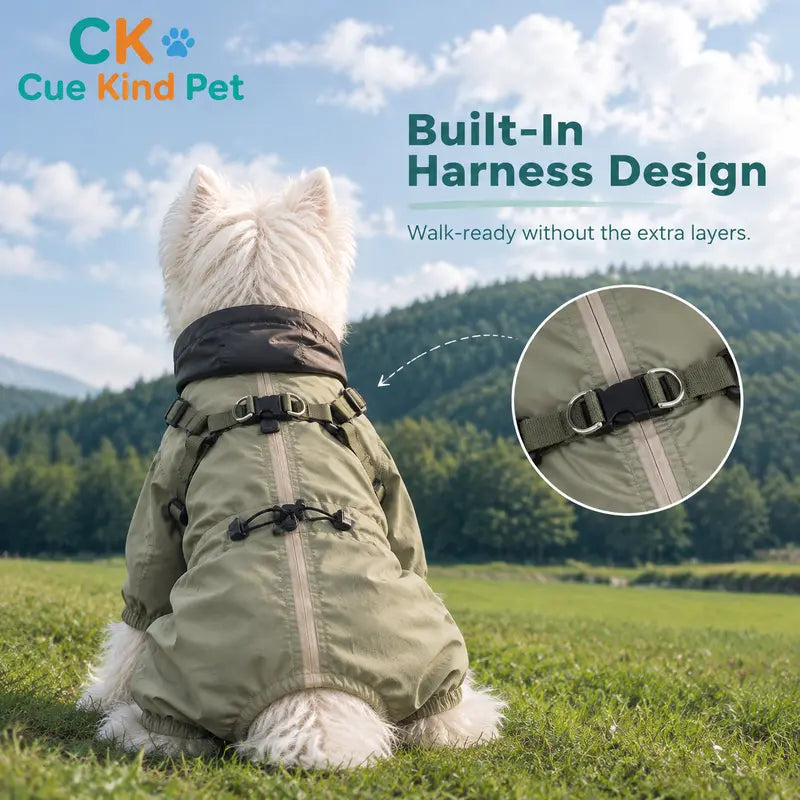 Cuekind Waterproof Fleece-Lined Dog Winter Coat with Built-In Harness, Rainproof Outdoor Cold Weather Walking Clothes for Small-Medium Dogs