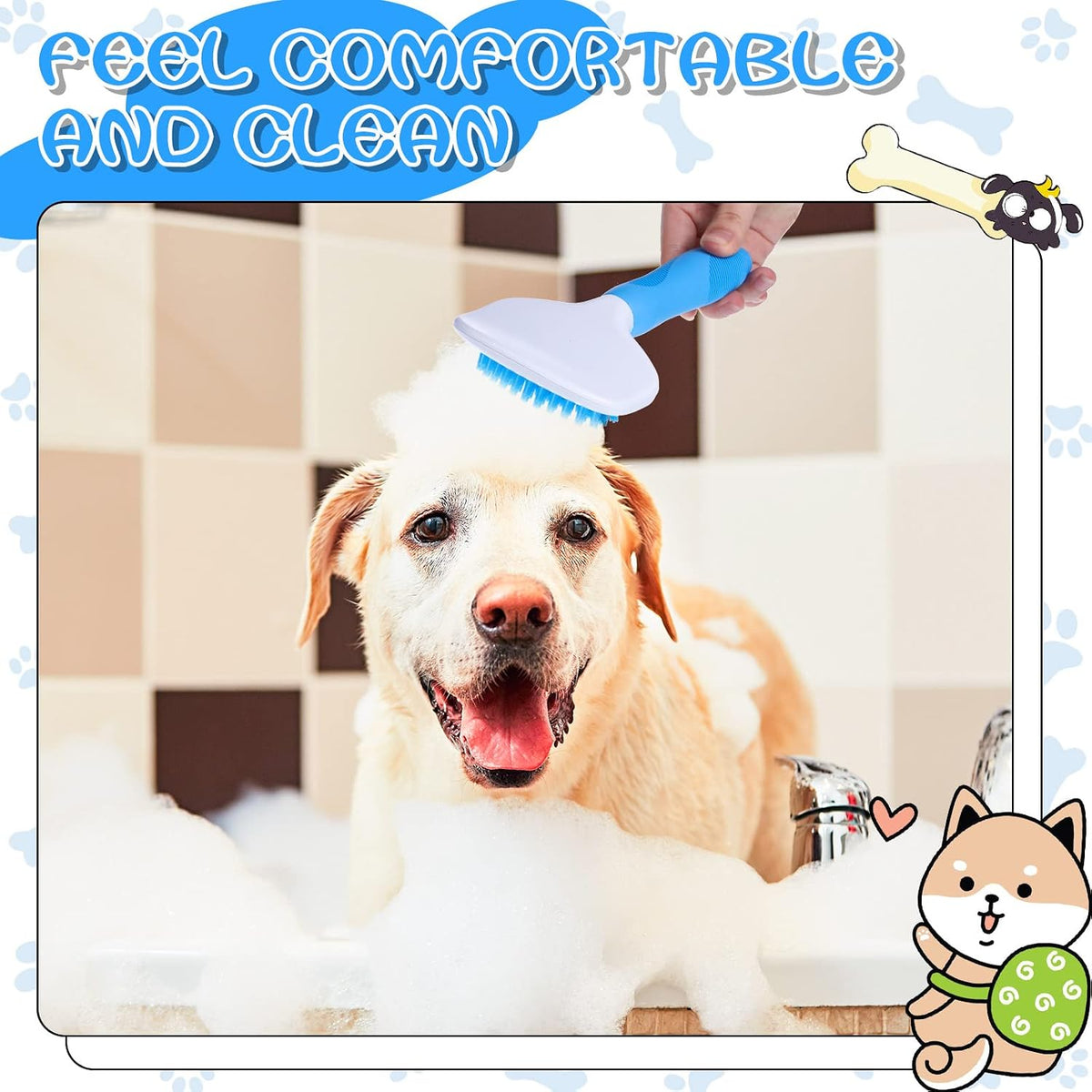 Silicone Dog Bath Brush with Non Slip Handle, Blue, 7.5 Inch