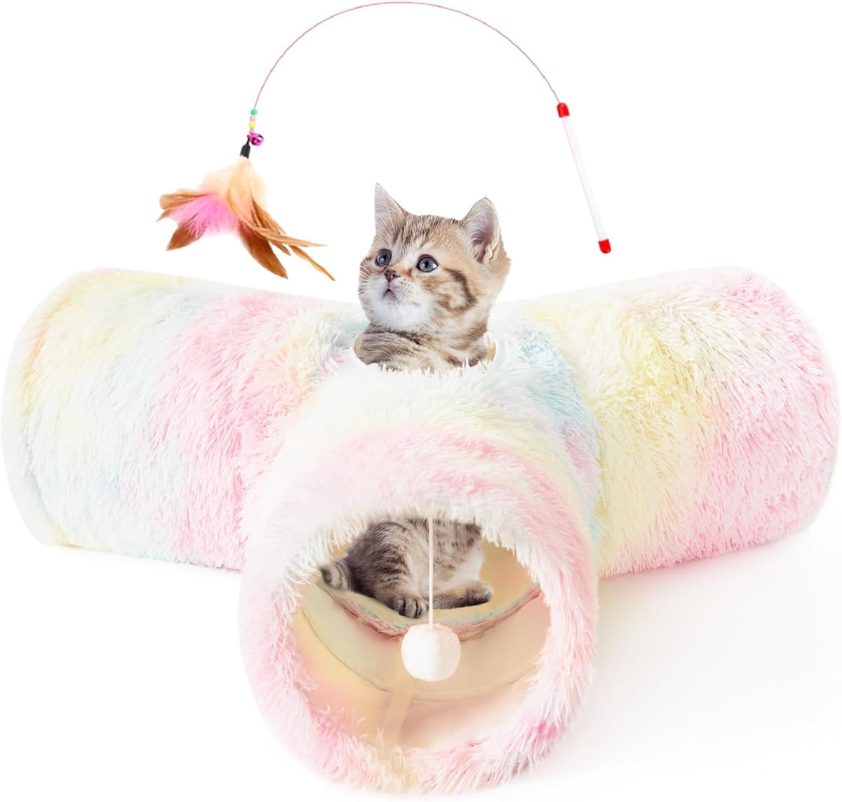 Plush Pet Cat Tunnel Tube Cat Toys 3 Way Collapsible, Tunnels for Indoor Cats，Kitty Tunnel Bored Pet Toys Peek Hole Ball Puppy, Kitty, Kitten, Rabbit Rainbow