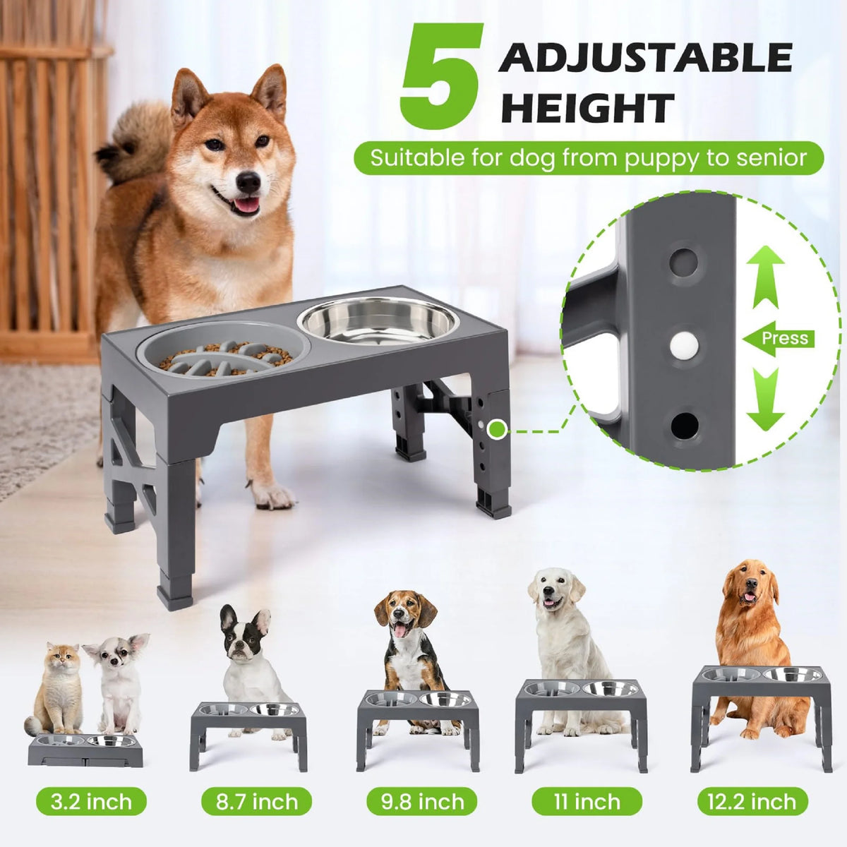 Adjustable Elevated Dog Bowls with Slow Feeder (5 Heights)