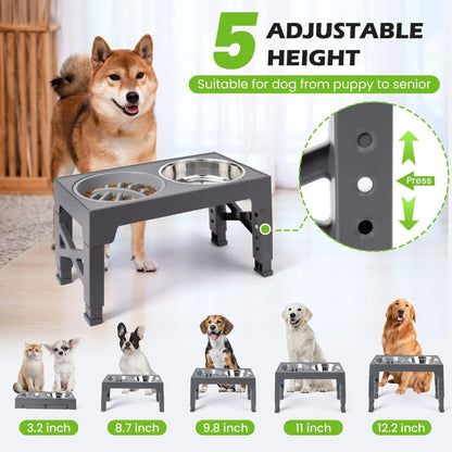 Adjustable Elevated Dog Bowls with Slow Feeder (5 Heights)