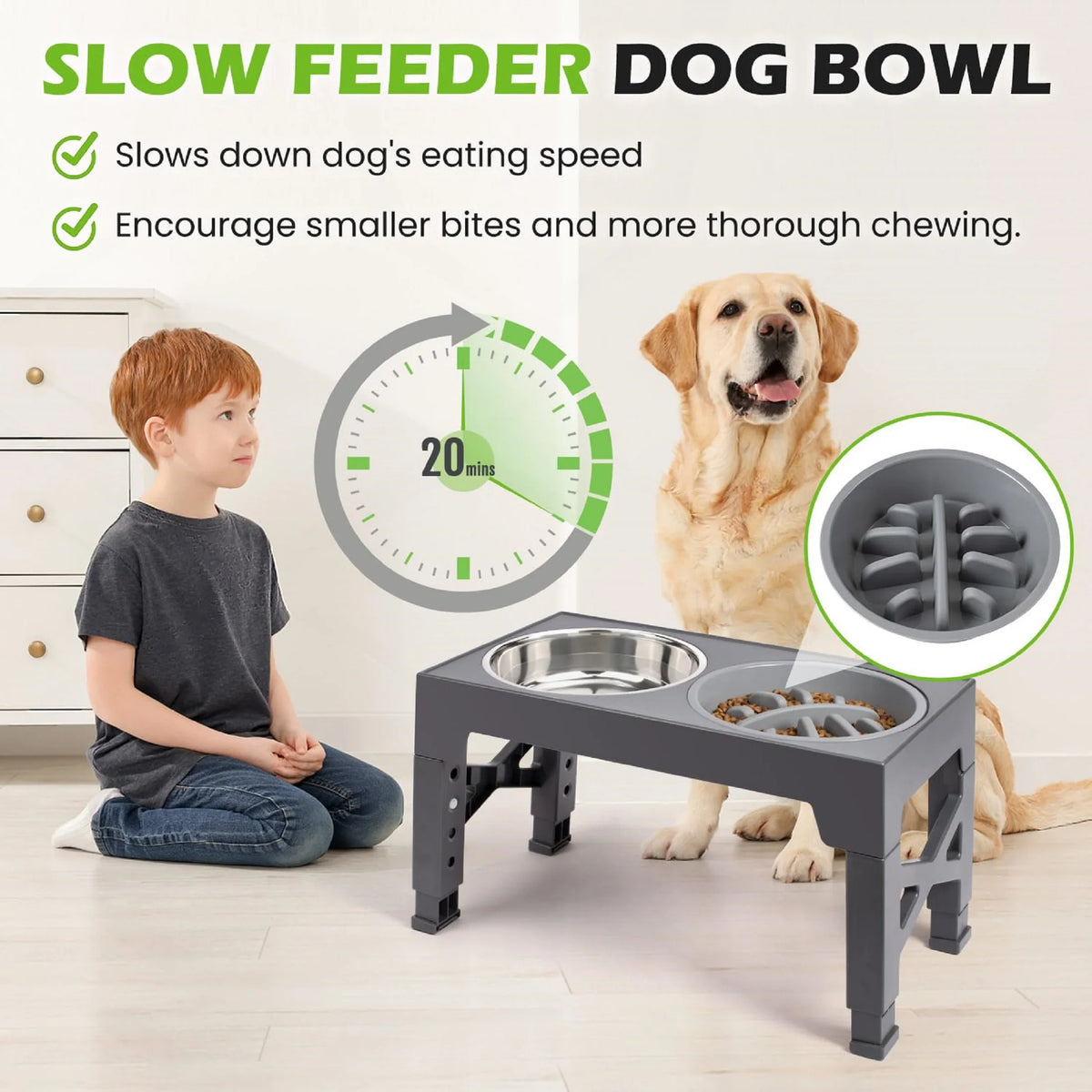 Adjustable Elevated Dog Bowls with Slow Feeder (5 Heights)