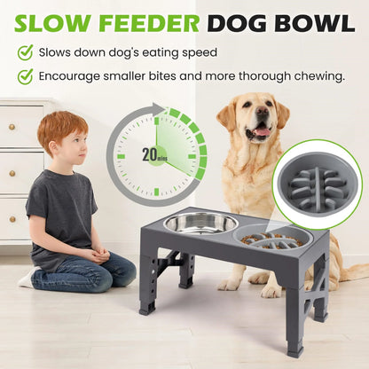 Adjustable Elevated Dog Bowls with Slow Feeder (5 Heights)