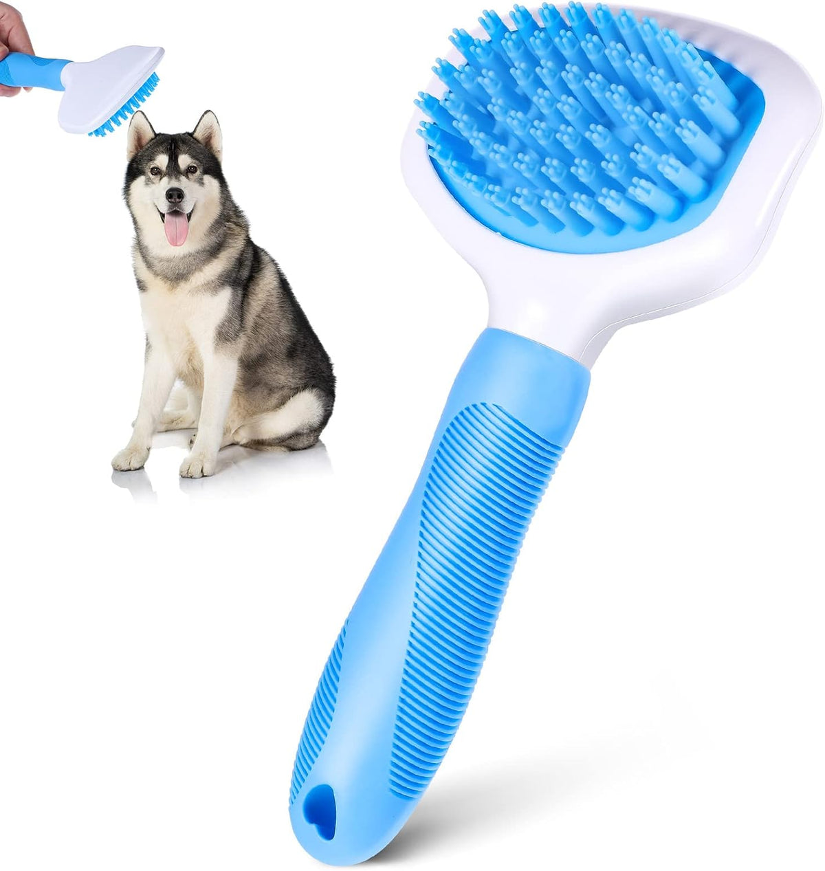 Silicone Dog Bath Brush with Non Slip Handle, Blue, 7.5 Inch