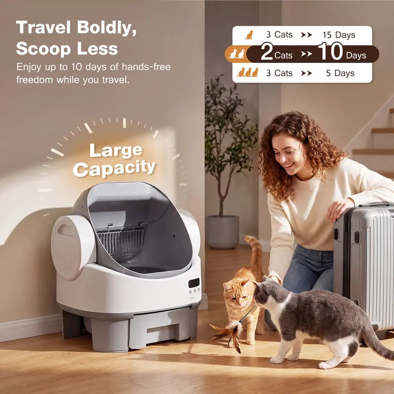 Alifuraha Smart Self-Cleaning Automatic Portable Litter Box - Open-Top, 3.5Lbs-22Lbs Cats, Large Capacity, App-Free & Plug-And-Play, 4-Layer Safety, Easy-Washable Drum, 15-Day Waste Hold, Scoop-Free, 3-Minute Deep Clean, Odor Control, Auto/Manual Modes