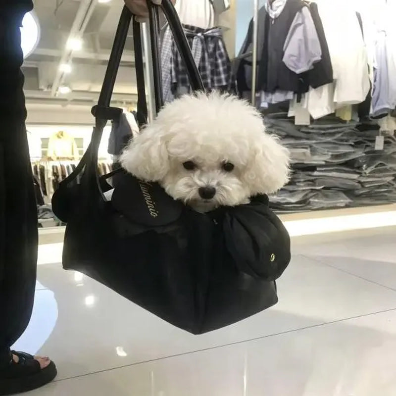 French Retro Mesh & Synthetic Leather Pet Carrier Bag for Small Dogs-Cats, 400G Lightweight Handheld Open Top Fabric Carrier with Solid Trim, Breathable for Cooling Airflow, Black-Silver-Coffee Options, Ideal for Coffee Outing & Daily Stroll