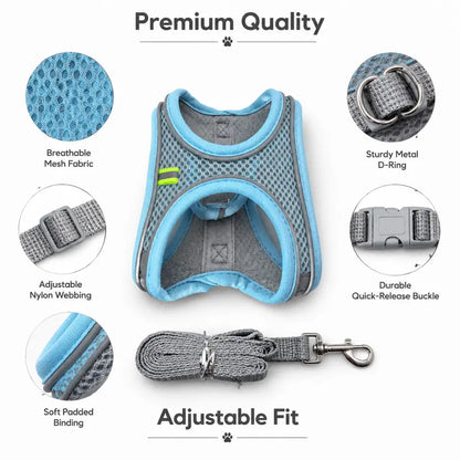Breathable Mesh Dog Cat Harness and Leash Set - No Pull Escape Proof Pet Vest with Reflective Strip for Small Medium Dogs Cats - Adjustable Soft Padded Harness for Walking Training