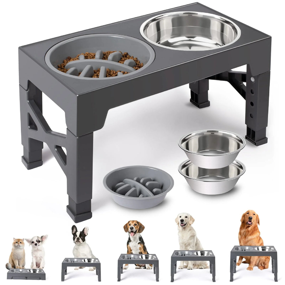 Adjustable Elevated Dog Bowls with Slow Feeder (5 Heights)