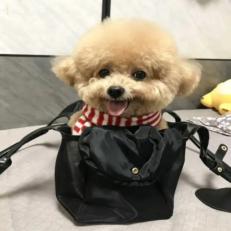 French Retro Mesh & Synthetic Leather Pet Carrier Bag for Small Dogs-Cats, 400G Lightweight Handheld Open Top Fabric Carrier with Solid Trim, Breathable for Cooling Airflow, Black-Silver-Coffee Options, Ideal for Coffee Outing & Daily Stroll