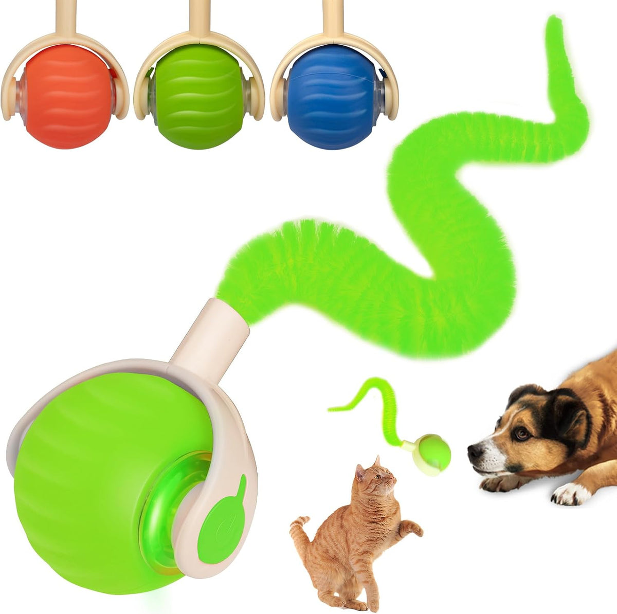 Interactive Dog Cat Ball Toy, Automatic Moving Cat Toy with Feather Tail, Electric Pet Smart Chase Ball Rechargeable, Silicone Material, for Puppy Kitten (Green)