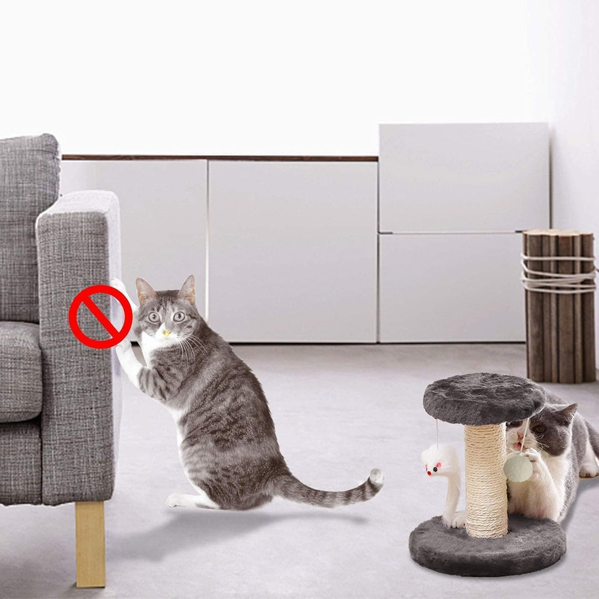 Small Cat Scratching Post and Small Cat Tree Natural Sisal Tower with round Perch and Plush Ball Furniture Made for Small Cat, Kitten Relax Tree