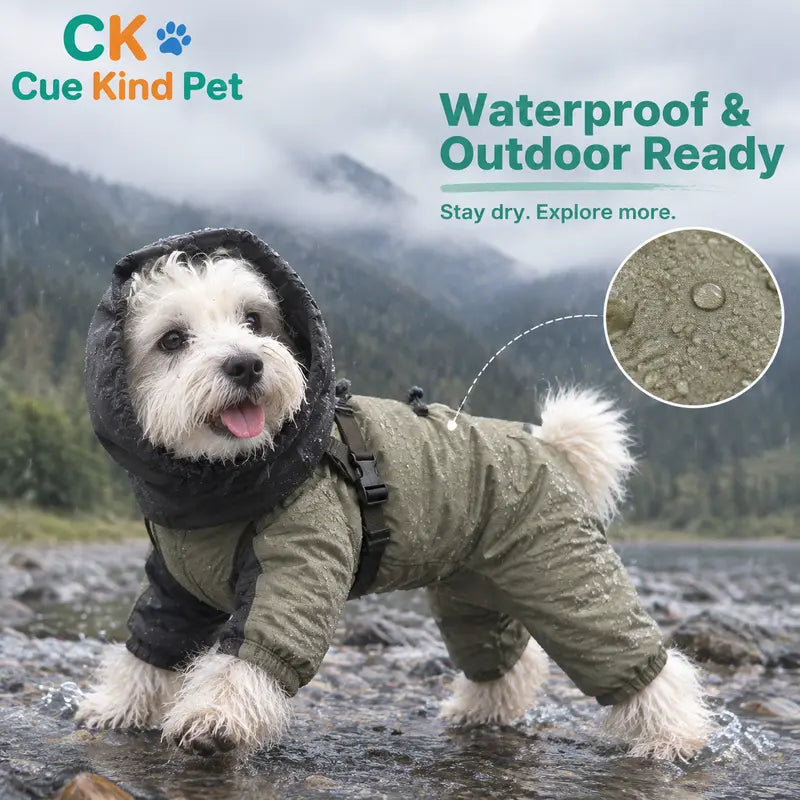 Cuekind Waterproof Fleece-Lined Dog Winter Coat with Built-In Harness, Rainproof Outdoor Cold Weather Walking Clothes for Small-Medium Dogs