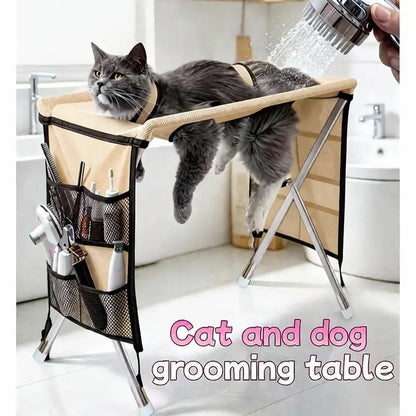 Pet Grooming Hammock for Small Dogs & Cats (Under 22 Lbs) - Stainless Steel Stand, Foldable Joint Protection Restraint Tool for Grooming Table Nail Trimming, Bathing Care