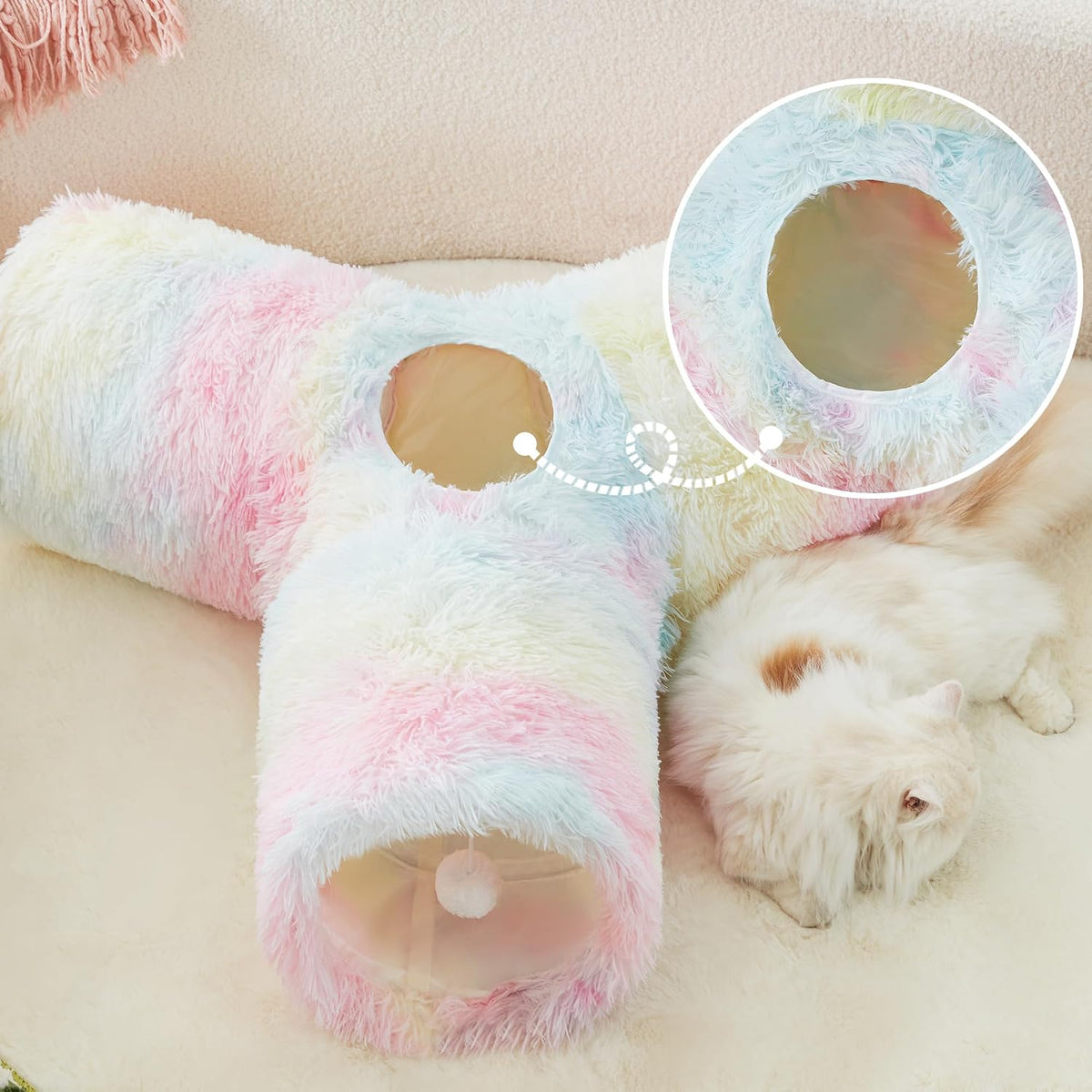 Plush Pet Cat Tunnel Tube Cat Toys 3 Way Collapsible, Tunnels for Indoor Cats，Kitty Tunnel Bored Pet Toys Peek Hole Ball Puppy, Kitty, Kitten, Rabbit Rainbow