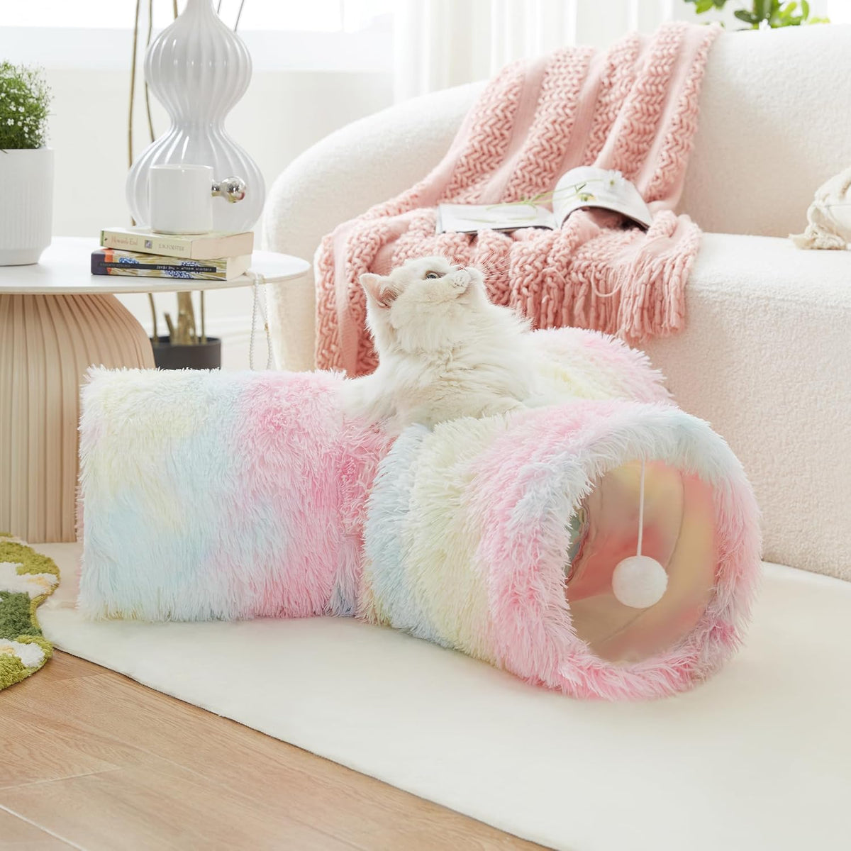 Plush Pet Cat Tunnel Tube Cat Toys 3 Way Collapsible, Tunnels for Indoor Cats，Kitty Tunnel Bored Pet Toys Peek Hole Ball Puppy, Kitty, Kitten, Rabbit Rainbow