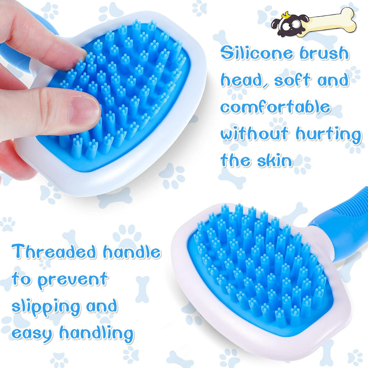 Silicone Dog Bath Brush with Non Slip Handle, Blue, 7.5 Inch