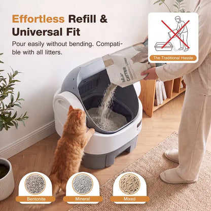 Alifuraha Smart Self-Cleaning Automatic Portable Litter Box - Open-Top, 3.5Lbs-22Lbs Cats, Large Capacity, App-Free & Plug-And-Play, 4-Layer Safety, Easy-Washable Drum, 15-Day Waste Hold, Scoop-Free, 3-Minute Deep Clean, Odor Control, Auto/Manual Modes