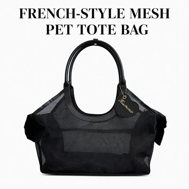 French Retro Mesh & Synthetic Leather Pet Carrier Bag for Small Dogs-Cats, 400G Lightweight Handheld Open Top Fabric Carrier with Solid Trim, Breathable for Cooling Airflow, Black-Silver-Coffee Options, Ideal for Coffee Outing & Daily Stroll
