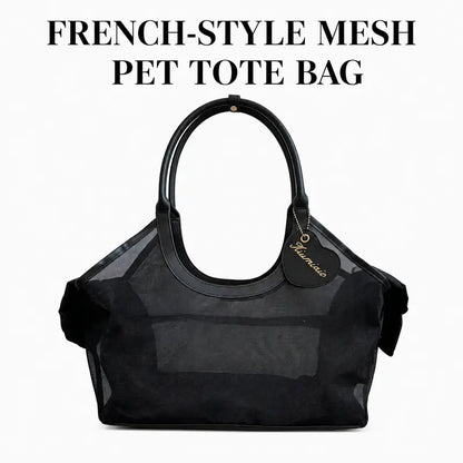 French Retro Mesh & Synthetic Leather Pet Carrier Bag for Small Dogs-Cats, 400G Lightweight Handheld Open Top Fabric Carrier with Solid Trim, Breathable for Cooling Airflow, Black-Silver-Coffee Options, Ideal for Coffee Outing & Daily Stroll