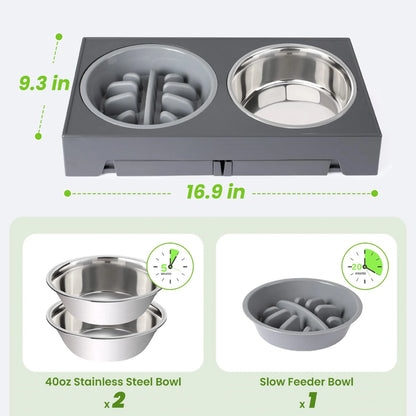 Adjustable Elevated Dog Bowls with Slow Feeder (5 Heights)