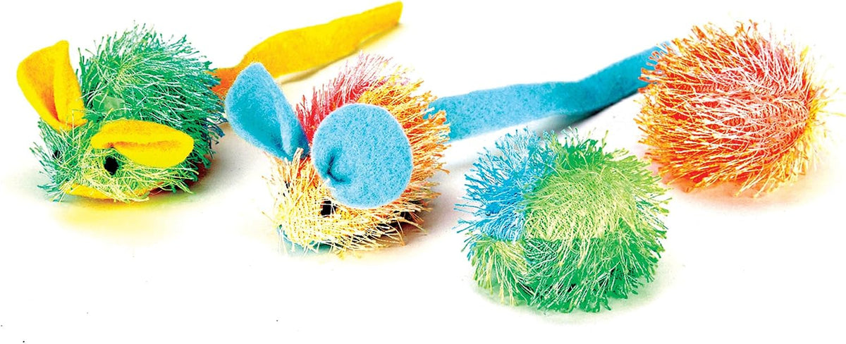 Stringy Mice & Balls - Catnip Cat Toys, Interactive, Colorful Plush Toys, Fun for Cats and Kittens to Bat and Chase, Boredom Buster - 2 Mice, 2 Balls