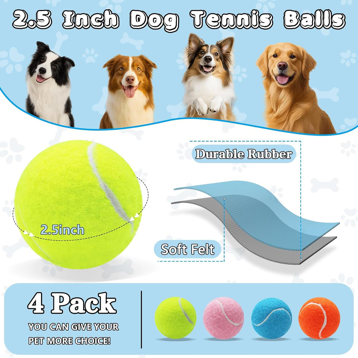 Tennis Balls for Dogs,Colorful Easy Catching Dog Balls,4 Pack