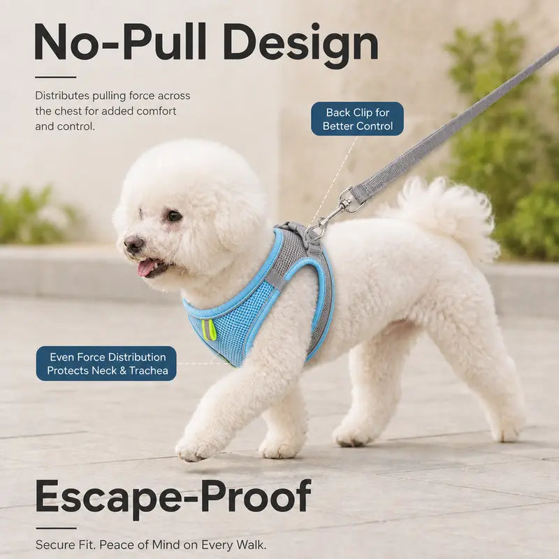 Breathable Mesh Dog Cat Harness and Leash Set - No Pull Escape Proof Pet Vest with Reflective Strip for Small Medium Dogs Cats - Adjustable Soft Padded Harness for Walking Training