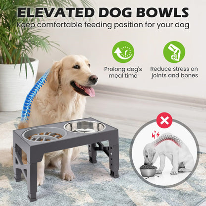 Adjustable Elevated Dog Bowls with Slow Feeder (5 Heights)