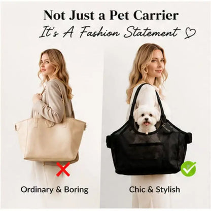 French Retro Mesh & Synthetic Leather Pet Carrier Bag for Small Dogs-Cats, 400G Lightweight Handheld Open Top Fabric Carrier with Solid Trim, Breathable for Cooling Airflow, Black-Silver-Coffee Options, Ideal for Coffee Outing & Daily Stroll