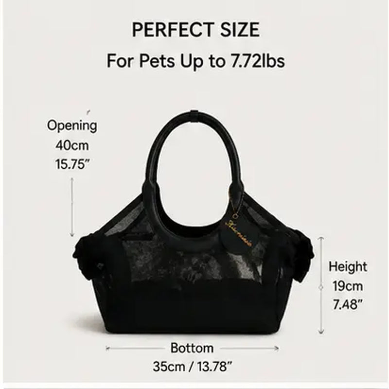 French Retro Mesh & Synthetic Leather Pet Carrier Bag for Small Dogs-Cats, 400G Lightweight Handheld Open Top Fabric Carrier with Solid Trim, Breathable for Cooling Airflow, Black-Silver-Coffee Options, Ideal for Coffee Outing & Daily Stroll