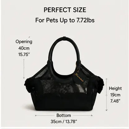 French Retro Mesh & Synthetic Leather Pet Carrier Bag for Small Dogs-Cats, 400G Lightweight Handheld Open Top Fabric Carrier with Solid Trim, Breathable for Cooling Airflow, Black-Silver-Coffee Options, Ideal for Coffee Outing & Daily Stroll